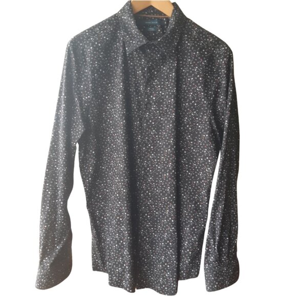 Perry Ellis SZ M Black w/ White & Salmon Print Men's Button Up Cotton Shirt - Picture 1 of 15